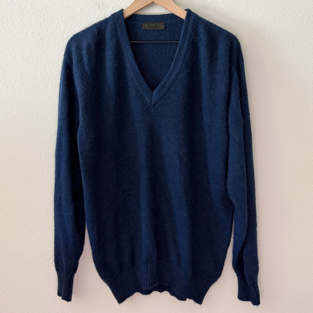 ALPACA Mens Navy Blue Alpaca Wool V Neck Pullover Sweater Size L Grandpa Classic